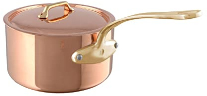 Mauviel M'Heritage 200 B 2mm Polished Copper & Stainless Steel Sauce Pan With Lid, And Brass Handles, 1.2-qt, Made in France
