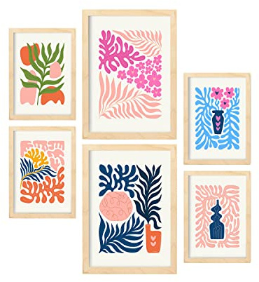 Nacnic Set mit 6 minimalistischen Postern in Pastellfarben. Flower Power. Drucke von Landschaften und Natur für Innenarchitektur und Dekoration. A3 & A4 Holzfarbe Rahmen.