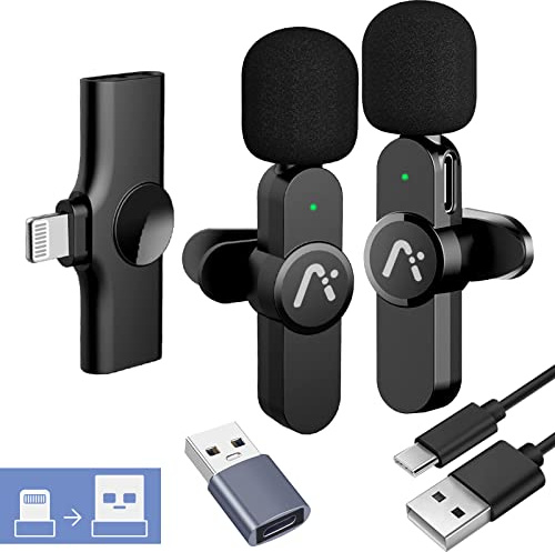 Aisizon Confezione da 2 microfoni lavalier wireless per iPhone, microfono wireless a clip, A3d, per iPad, laptop, computer. Per riunioni zoom, registrazione video, tiktok.
