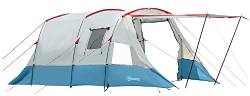 Outsunny 6-8 Person Tunnel Tent, Camping Tent with Bedroom, Living Room, Sewn-in Floor, 3 Doors and Carry Bag, 2000mm Water Column for Fishing, Hiking, Sports, and Traveling, Blue