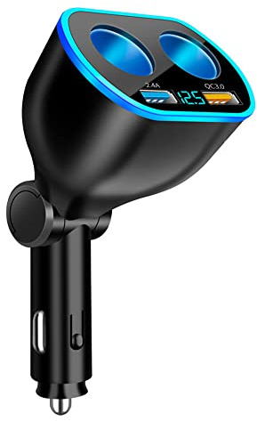 Répartiteur allume-cigare 4 ports 2,4 A et QC3.0 super rapide avec double prise allume-cigare avec voltmètre LED compatible avec téléphone portable, caméra embarquée GPS (QC+2,4 A)