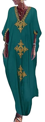 Bsubseach Gold Stickerei Lange Kaftan Kleider V-Ausschnitt Kaftan Kleid Strand Cover Ups für Frauen Pfau Grün