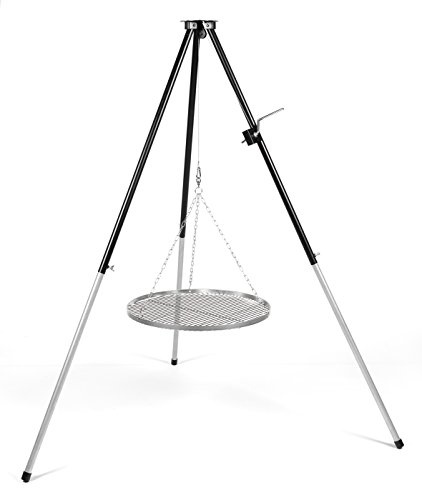 HeRo24 Dreibein Schwenkgrill mit Kurbel inkl. 70 cm Edelstahl Rost 6 mm Stäbe, 2 cm Reling, Stababstand 13 mm Edelstahlseil, Haken & Wirbel, höhenverstellbar, Tragetasche – für Feuerstelle & Camping