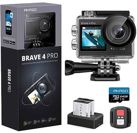 AKASO Brave 4 Pro Action Camera with 64GB microSDXC Memory Card - 131ft Waterproof Camera with Touch Screen Advanced EIS Remote Control 5X Zoom Underwater Camera
