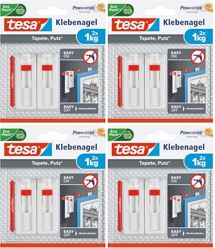 tesa Verstellbarer Klebenagel (für Tapeten und Putz 1 kg, Höhenverstellbarer, selbstklebender Wandnagel, bis zu 1 kg Halteleistung pro Nagel) 2x 1,0kg, 8er Pack