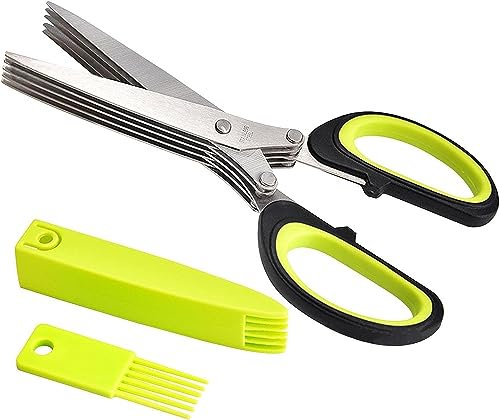 Tijeras para hierbas hierbas tijeras de cebollino tijeras de cocina de acero inoxidable tijeras de verduras con sistema de 5 cuchillas cubierta de seguridad y peine de limpieza