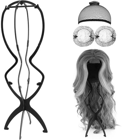 MHDUYEG Perückenständer, 1x Perückenkopf mit 1x Perückennetz und 2x Aufbewahrungsnetz, Wig Stand, Tragbar, Ideal zum Trocknen & Aufbewahren, 50 cm Hoch, Anpassbare Höhe - Schwarz