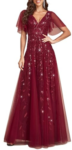 Ever-Pretty Damen A-Linie Abendkleider V-Ausschnitt Romantisches Kurze Ärmel Elegant Partykleid Lang Burgund 36