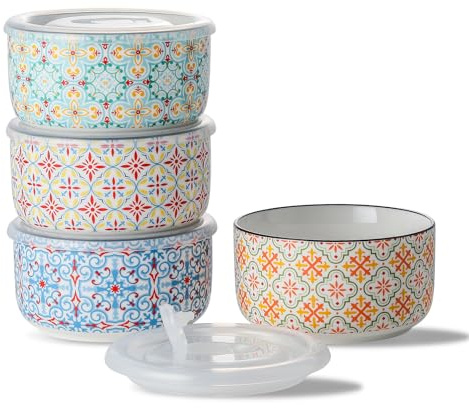 Chubacoo Keramiskt skålset med lock: Mikrovågsugn serveringsskålar med lock – 12 cm köksskålar för lunch, picknick – mikrovågsugnssäkra matförvaringsbehållare, 567 ml skål set med 4