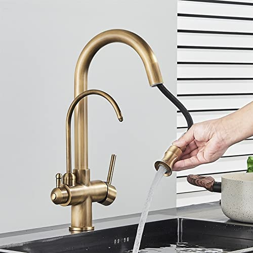 3 Way Water Filter Tap Antique Brass Pull Out Kitchen Taps Dual Handle Sink Mixer Tap Hot Cold Drinking Water Filter Faucet
