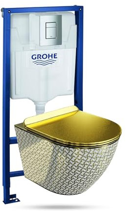LAVITA Vorwandelement Solido + Wand Hänge WC Sofi Slim Golden Never Die Spülrandlos ++ WC Sitz mit Absenkautomatik Verchromter Knopf Komplettset Unterputz Spülkasten Toilette Komplett Sett