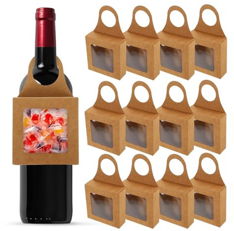 ABOOFAN 20pcs Kraft Paper Wine Bottle Box with Window, Wine Bottle Hanging Boxes Wine Bottle Treat Box Bottle Hanger Favor Box for Holding Candy Chocolate Cookies