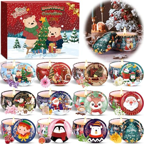 HYOJCWU Bougie Parfumée Ensemble Cadeau 12 Pièces, Bougies Parfumées de Noël, Bougies en 100% Cire De Soja Naturel, Bougies d'Aromathérapie pour Cadeaux pour Noël,Bath Yoga, décoration de noël