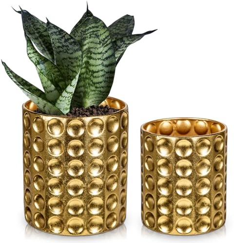 Hollyone Set of 2 Iron Plant Pots, 13CM 15CM Gold Metal Planter with Drainage Hole and Plug, Decorative Indoor Pots Concave Dot Flower Pots, Modern House Plant Pots for Succulent, Cactus, Herb, Orchid