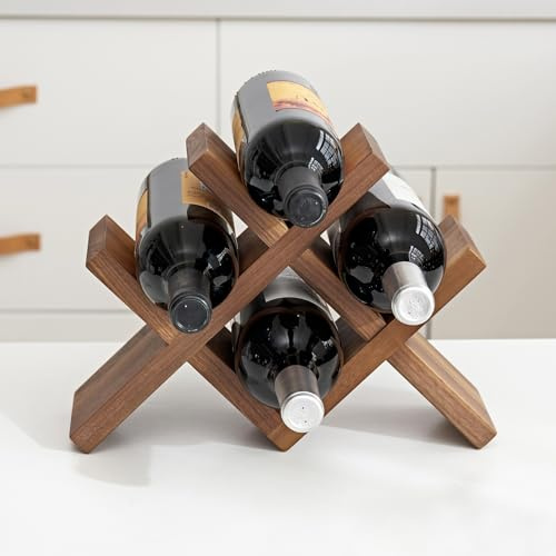 OAKERLAND Estante de almacenamiento de vino de madera de nogal, estante para 4 botellas, almacenamiento de vino independiente, organizador de estante de vino, perfecto para decoración del hogar y