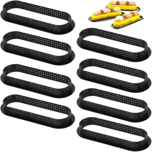 8Pcs Oval Tart Rings Oval Tart Bottom Tower Cake Ring Mould Carbon Fiber Non Stick Perforated Tart Rings for Mousse Cheese Cake Muffin Pie Kitchen Baking Tart Moulds(Black,Oval)