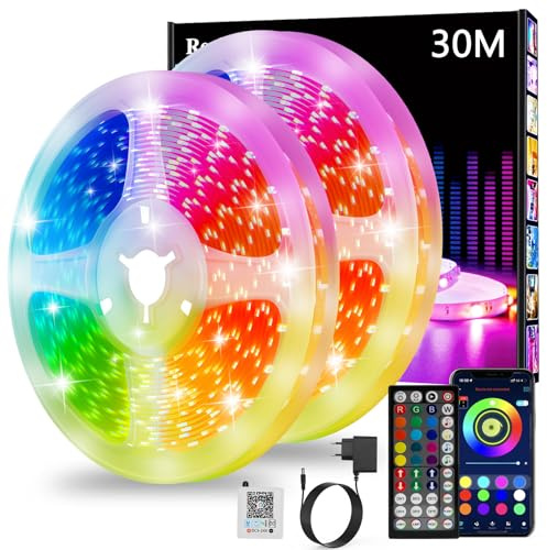 Led Strip 30m, RGB Led Streifen, Bluetooth Smart Led Band Selbstklebend, Led Leiste mit Fernbedienung und APP, Dimmbar, Musik Sync, Timer-Einstellung für Gaming Zimmer, Room, Küche, Party (2x15m)