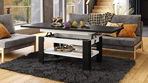 designimpex Design Couchtisch Tisch Rio stufenlos höhenverstellbar 55-67 cm ausziehbar 130-170cm mit Ablagefläche Esstisch, Farbe:Schwarz matt/Weiß matt
