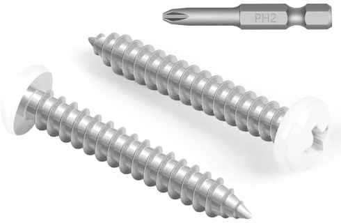 100 PCS #10 x 1 White Head Sheet Metal Screws, Pan Head Phillips Fast Self Tapping Screws, Round Head Wood Screws, Screwdriver Bit Included