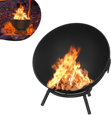 YRHome Brasero negro para el jardín de 62 cm de diámetro, para exteriores, de acero, flexible, parrilla ajustable con tres patas, estructura de barril de fuego, cesta para camping, jardín, brasero