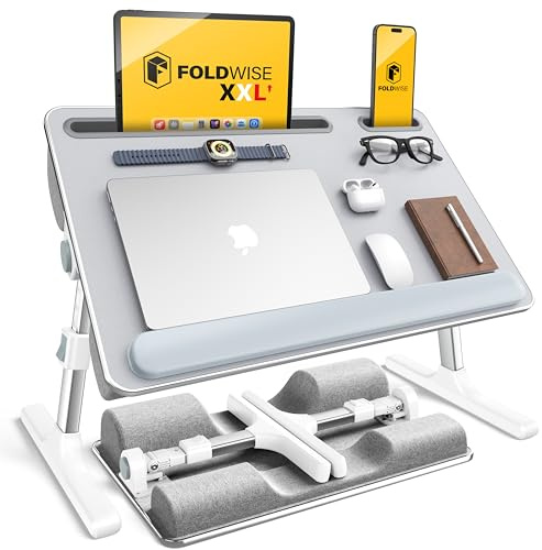 FoldWise 2-i-1 sängbord och knäskrivbord – mjuka kuddar, justerbar höjd och vinkel, vikbar med handledsstöd, surfplattehållare, kantstoppare och laptopbord halkfritt läder (Grå)