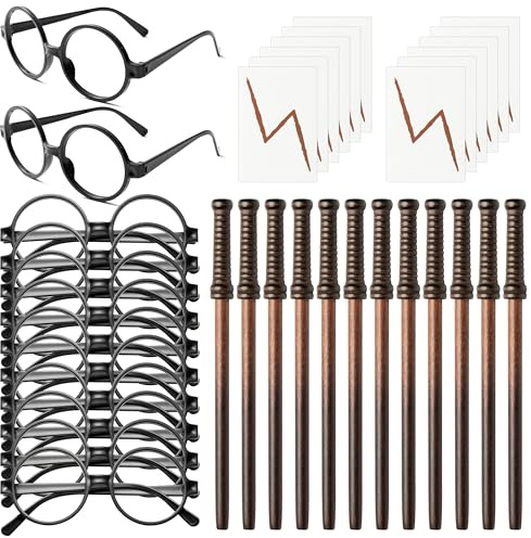 FZkuozougedd Pack of 36 Wizard Wand Pencils Black Round Glasses and Lightning Tattoos Stickers for Boys Girls Wizard Magical Costume Party Supplies Birthday Present Halloween Christmas Party Favors