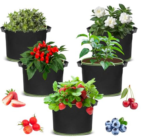 Libershine 5pcs Sacs à Plantes, Sac de Plantation Non Tissé 10L avec Poignées, Sac à Plantes de Tomate Grande Capacité pour Fleurs, Fraises, Pomme de Terre