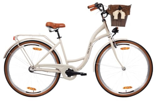Goetze Style Damen Citybike 28 Zoll, Retro Fahrrad mit 3-Gang | Tiefeinsteiger, Shimano Nexus Nabenschaltung mit Rücktritt, LED-Beleuchtung, Rattankorb, Gepäckträger und Klingel