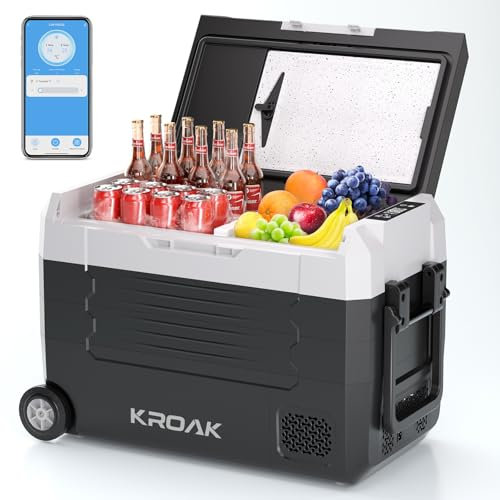 KROAK 45L Tragbarer Kompressor Kühlbox,Elektrisch Autokühlbox mit Bluetooth-App, Dual-Zone (-20°C bis +20°C), 12V/24V/230V, Rollen & Trennwand – für Camping, Auto, LKW, Wohnmobil