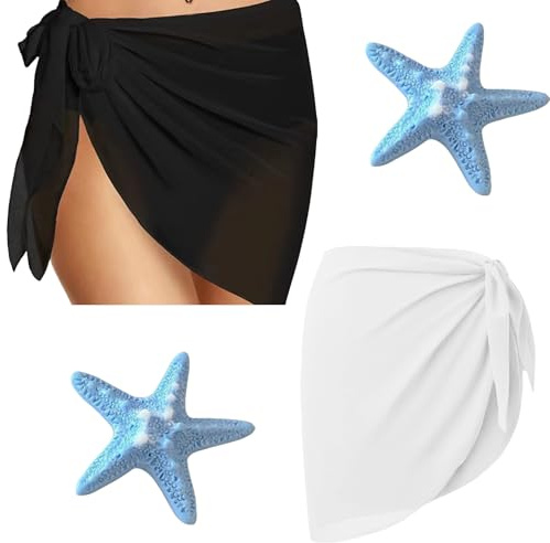 MUNSKT 2 Saroongs pour le linge de plage des femmes – Noir Blanc, avec 2 épingles à cheveux en forme d’étoiles de mer, couvertures léger et rapidèche pour le maillot de bain, piscine & vacances