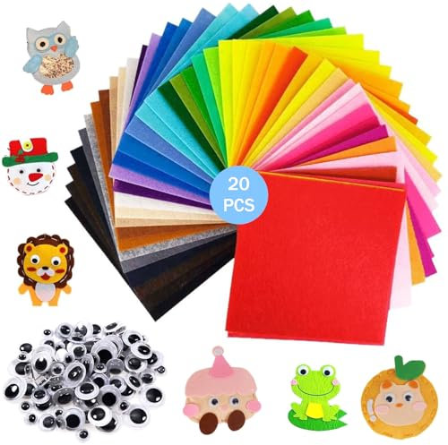 Canollo 20 Farben Bastelfilz und 56 Stück Selbstklebend Wackelaugen, Filz zum Basteln, Bunt Filzstoff zum Basteln, Filz Basteln Set, DIY filzstoff für Mädchen Jungen Handwerk Nähen Projekte 20×30cm