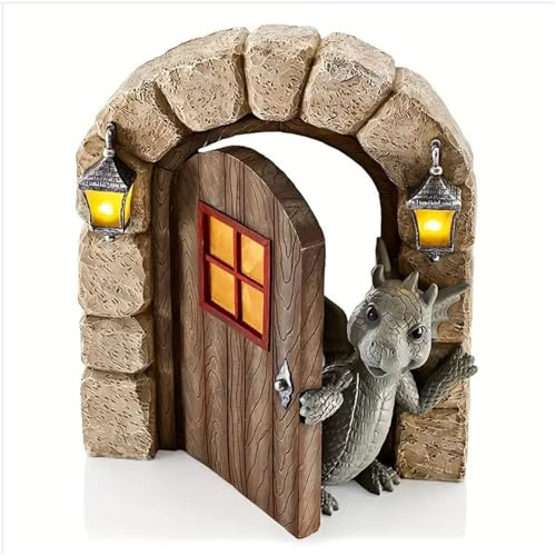 LUMOOM Schöne Hof Drachenskulptur, Gartendrachen Figuren Deko aus Polyresin, Drachenskulptur Statue für Garten, Outdoor-Hof Dekoration, Wandmontage oder Terrasse (Offene Tür Drache)