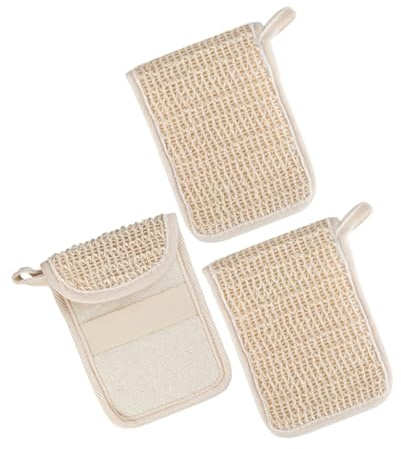 PACKOVE 3 Bolsas Exfoliantes para Jabón Sólido de Algodón y Lino con Cierre de Cordón, Ideales para Ducha y Viaje, Color Beige, Paquete de 3 Piezas