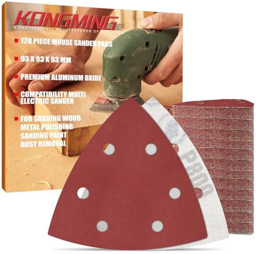 KONGMING 120 Piezas Lijas para Lijadora Grano 800 Hojas de Lija 93x93x93 mm 6 Agujeros para Lijadora de Detalle Mouse | Hojas de lija de óxido de aluminio, 6 agujeros, 93 x 93 x 93 mm, lijadora de detalle, madera, metal, pulido y eliminación de