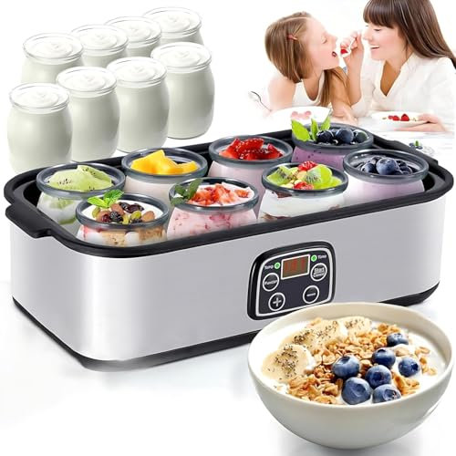 Genérico Yogurtera Digital Automática con 8 Frascos de Vidrio de 175 ml, Yogurtera Probiótica de Acero Inoxidable con Control de Temperatura Constante y Pantalla LCD