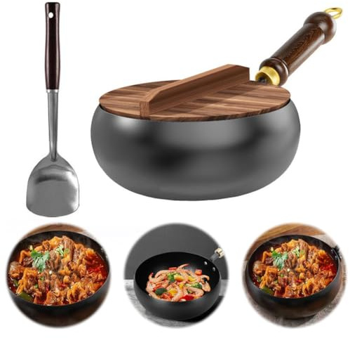 Uncoated Iron Pan,Belly Shape Frying Pan,Hand Forged Big Belly Pot,Non Stick Stock Pot,Flat Frying Pots,Multifunctional Pots,Versatile Cooking for Gas Stove,Induction (with Wooden Lid+Shovel-24CM)