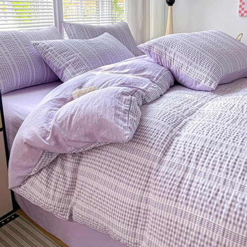 Guchuang Bedding King Size Duvet Cover Set, Purple Seersucker Design 3-Piece Bedding Set - Soft Microfiber, Wrinkle-Resistant & Decorative Duvet Cover with Hidden Zipper (King, 220x230cm)