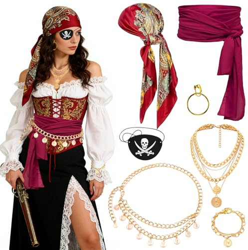 7 Stück Piraten Accessoires Set, Piratenkostüm Damen, mit Piratenkopftuch, Taillenkette, Gürtel, Ohrringe, Augenmaske, Halskette und Armband, Piraten Kostüm Frauen für Karneval Cosplay Halloween Party