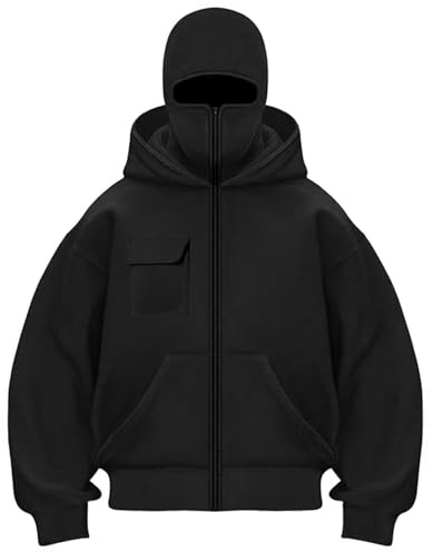 Felpa con cappuccio e zip da uomo, con chiusura lampo, con passamontagna, felpa con doppia cappuccio Ninja oversize, maschera, felpa antivento Y2K, giacca con cappuccio a motore, M