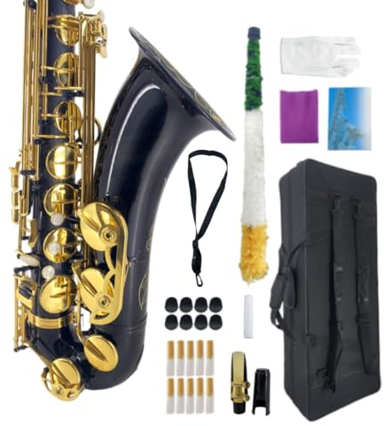 WUQIMUSC Tenor Saxophone Complete Kit w/Case, Mouthpiece, 10pc Reeds, Professional B Flat Tenor sax, Gold Brass Lacquer, Rich, Warm Tone for Jazz & Classical, Ideal for Students to Pros（Black）