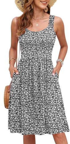 WNEEDU Vestido de Verano Mujer de Playa sin Mangas Tirantes Finos Escote Cuadrado Tiro Alto Silueta A hasta la Rodilla Casual con Bolsillos Negro Blanco Floral M