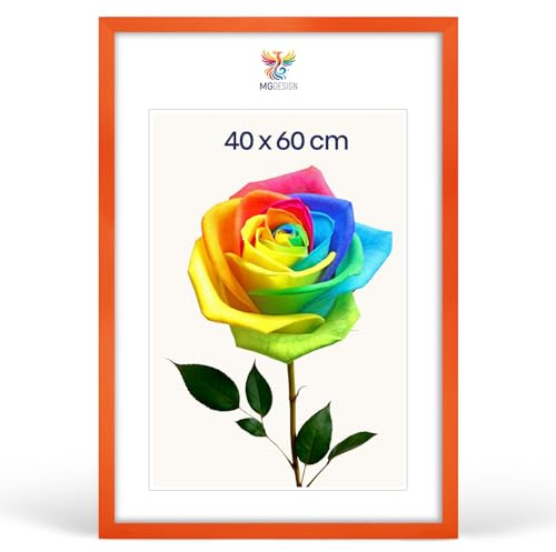 MG Design Bilderrahmen 40 x 60 cm – Posterrahmen mit Orange Holzrahmen (Echtholz) und bruchsicherem Acrylglas, Hoch & Quer mit stabiler Wandaufhängung