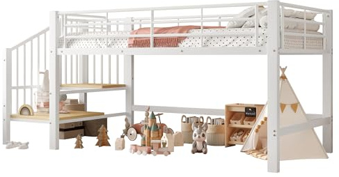 I0I&I0I Kinderbett Hochbett mit Stauraumtreppe Robustes Halbhohes Metallbett， Sicheres Kinderbett mit Lattenrost, Einfache Montage und Platzsparendes Design (Weiß)