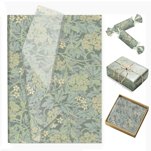 100 Blatt Seidenpapier Grün Vintage William Morris Geschenkpapier Seidenpapier Verpackungsmaterial für Geburtstag Blumenstrauß Papier Babyparty Hochzeit Taufe Kommunion Geschenkverpackung,50x35cm