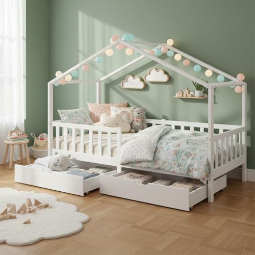Bellabino Bia Hausbett 90x200 cm, mit 2 Schubladen, Weiß, Massivholz Kiefer