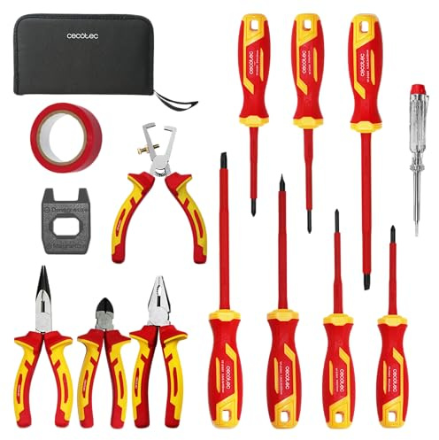 Cecotec Juego de Destornilladores HardGyro 15 SafeVolt Magnetic. Aislados 1000V, Certificado VDE y GS, Acero CR-V, 3 Alicates Incluidos, Pelacables, Magnetizador, Buscapolos, Estuche Incluido