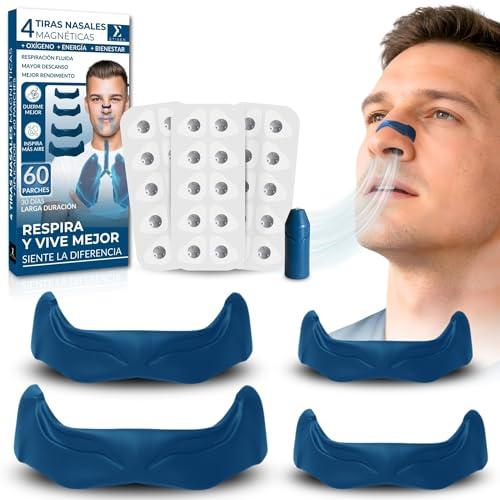 ETISEN, Tiras Nasales Magnéticas 60 Parches Transparentes (30 Días) + Aplicador Magnético y Guía QR – Antirronquidos, Dilatador Nasal para Dormir y Deporte, Mejora la Respiración y Oxigenación (Azul)