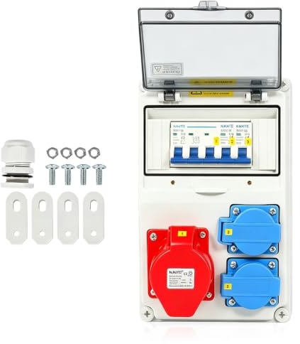 Wall Distributor, Socket Distributor, 2 x Schuko 230 V, 1 x 5-Pin 16 A Sockets, Power Distribution with Circuit Breaker, Construction Power Distributor with Safety Hinged Lids for Indoor/Outdoor Use