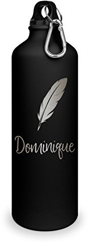 Trinkflasche mit Namen Dominique - graviert mit Feder Layout, Aluminiumflasche mit Gravur, Sportflasche - matt schwarz