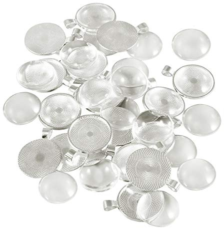 ARTILY 20er-Set Lünetten-Anhänger-Tabletts mit Glas-Cabochon-Kuppelfliesen und Lünettenfassungen (Silber), Metalllegierung, Kein Edelstein